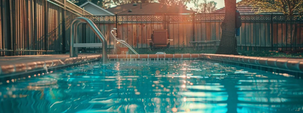 a serene backyard pool surrounded by a sturdy fence and clear blue water, with safety equipment easily accessible.